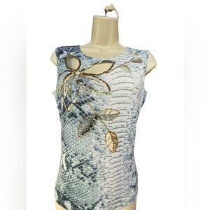 Y2K Vintage Womens Snakeskin Print Sleeveless Top Embellished Gold Floral Medium
